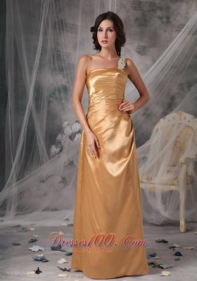 Appliques One Shoulder Gold Bridesmaid Dress For Prom