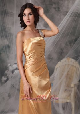 Appliques One Shoulder Gold Bridesmaid Dress For Prom