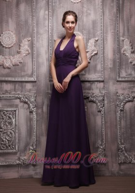 Dark Purple Halter Chiffon Ruch Prom Evening Dress