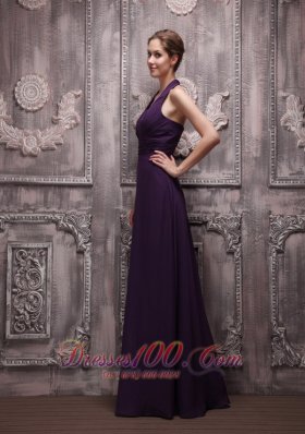 Dark Purple Halter Chiffon Ruch Prom Evening Dress