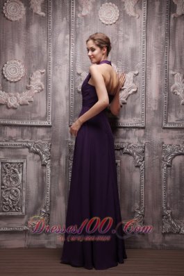 Dark Purple Halter Chiffon Ruch Prom Evening Dress