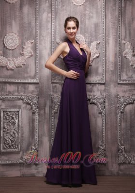 Dark Purple Halter Chiffon Ruch Prom Evening Dress