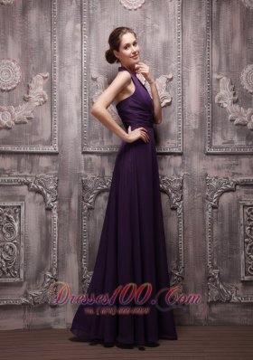 Dark Purple Halter Chiffon Ruch Prom Evening Dress