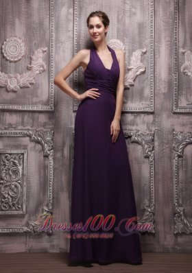 Dark Purple Halter Chiffon Ruch Prom Evening Dress