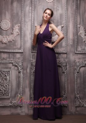 Dark Purple Halter Chiffon Ruch Prom Evening Dress