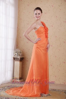 Orange Prom Evening Dress One Shoulder Sweep Train