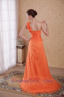 Orange Prom Evening Dress One Shoulder Sweep Train