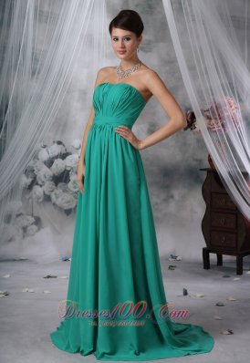 Ruched Brush Train Turquoise Blue Prom Evening Dress