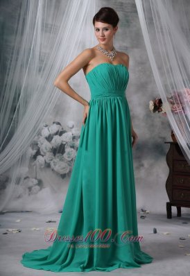 Ruched Brush Train Turquoise Blue Prom Evening Dress