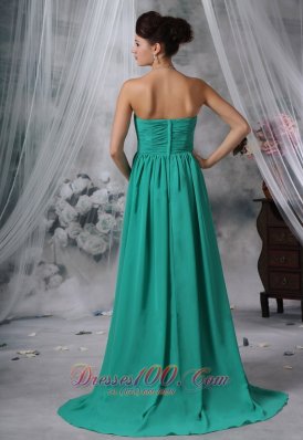 Ruched Brush Train Turquoise Blue Prom Evening Dress