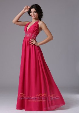 Beading Halter Coral Red Prom Evening Dress Ruched