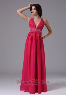 Beading Halter Coral Red Prom Evening Dress Ruched