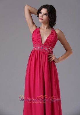 Beading Halter Coral Red Prom Evening Dress Ruched