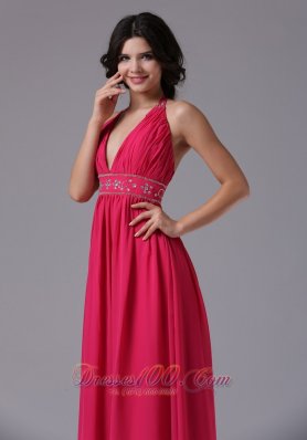 Beading Halter Coral Red Prom Evening Dress Ruched