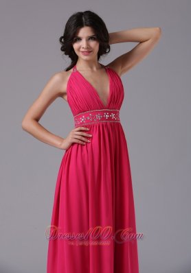 Beading Halter Coral Red Prom Evening Dress Ruched