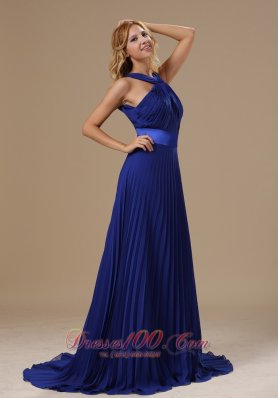 V-neck Pleated Royal Blue Prom Evening Dress Train