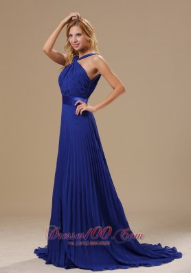 V-neck Pleated Royal Blue Prom Evening Dress Train