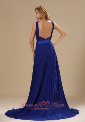 V-neck Pleated Royal Blue Prom Evening Dress Train