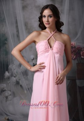 Halter Beaded Baby Pink Prom Evening Dress Chiffon