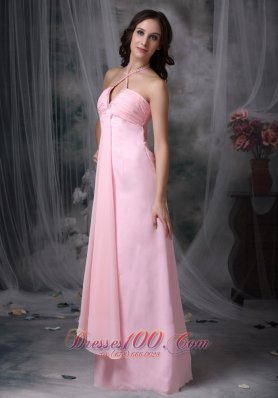 Halter Beaded Baby Pink Prom Evening Dress Chiffon