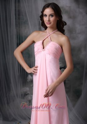 Halter Beaded Baby Pink Prom Evening Dress Chiffon