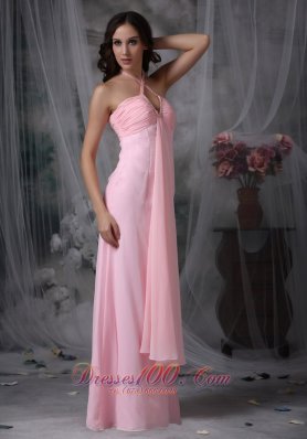 Halter Beaded Baby Pink Prom Evening Dress Chiffon