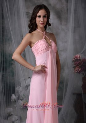 Halter Beaded Baby Pink Prom Evening Dress Chiffon