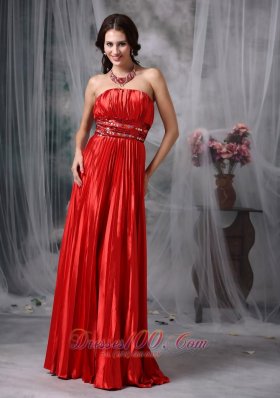 Pleated Beading Red Formal Prom Evening Dress