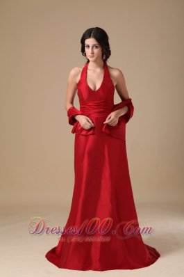 Halter Ruched Wine Red Mother of the Bride Dress