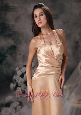 Ruched Halter Champagne Bridesmaid Dress For Party