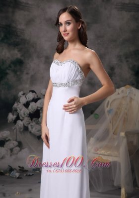 White Beaded Prom Evening Dress Chiffon Brush Train