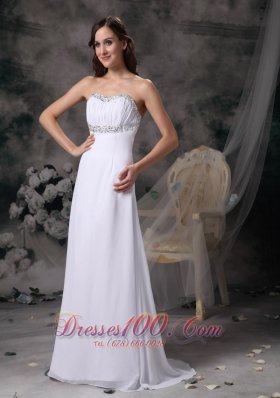 White Beaded Prom Evening Dress Chiffon Brush Train