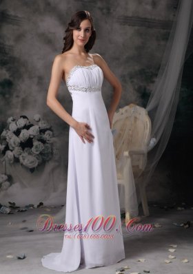 White Beaded Prom Evening Dress Chiffon Brush Train