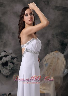 White Beaded Prom Evening Dress Chiffon Brush Train