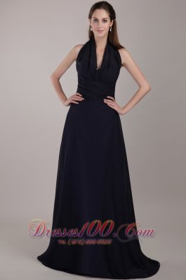 Navy Blue Halter Ruched Prom Evening Dress Train