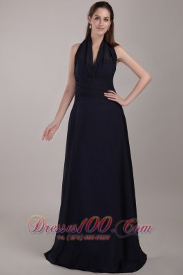 Navy Blue Halter Ruched Prom Evening Dress Train