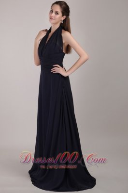 Navy Blue Halter Ruched Prom Evening Dress Train