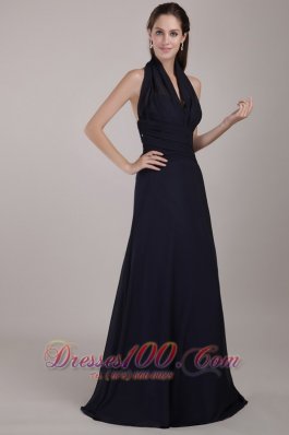 Navy Blue Halter Ruched Prom Evening Dress Train