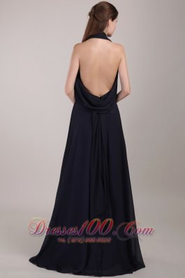 Navy Blue Halter Ruched Prom Evening Dress Train