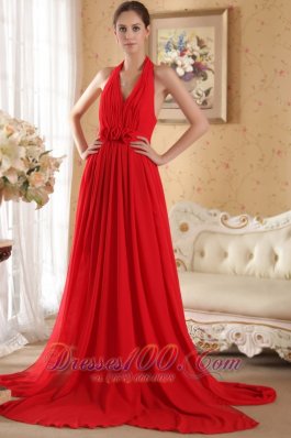 Hand Made Flowers Halter Red Prom Evening Dress