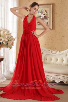 Hand Made Flowers Halter Red Prom Evening Dress