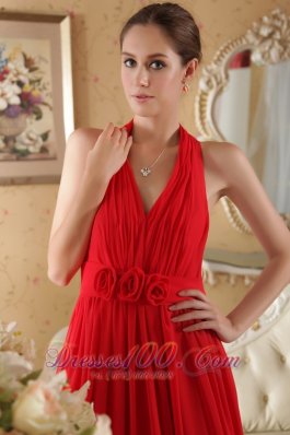 Hand Made Flowers Halter Red Prom Evening Dress