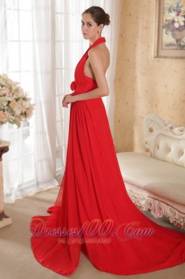 Hand Made Flowers Halter Red Prom Evening Dress