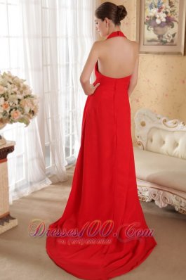 Hand Made Flowers Halter Red Prom Evening Dress