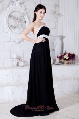 Black and White Prom Evening Dress Beading Train