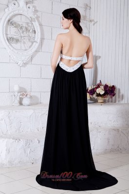 Black and White Prom Evening Dress Beading Train