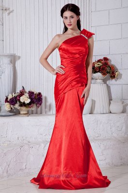 Beading Mermaid Red One Shoulder Prom Evening Dress