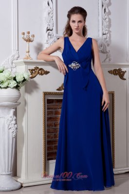 V-neck Royal Blue Beaded Prom Evening Dress Chiffon
