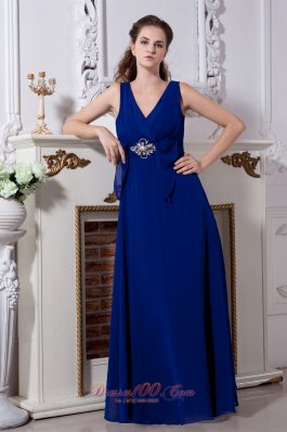 V-neck Royal Blue Beaded Prom Evening Dress Chiffon