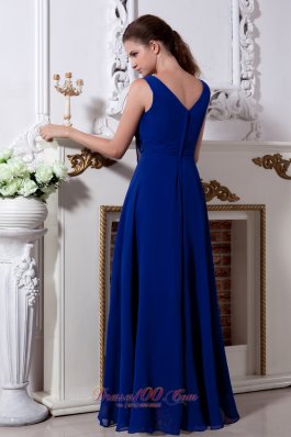 V-neck Royal Blue Beaded Prom Evening Dress Chiffon